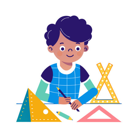 Illustration of a child drawing geometric shapes with rulers and a pencil on white paperのイラスト素材