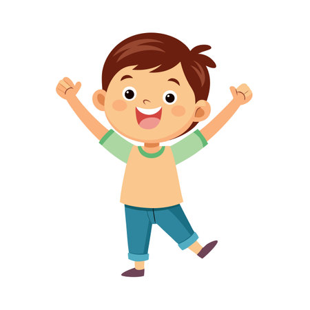 Cheerful cartoon boy expressing joy with raised arms, isolated on a white backgroundのイラスト素材