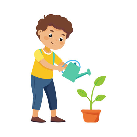 Young Boy Watering a Plant in a Pot with a Watering Can Illustrationのイラスト素材