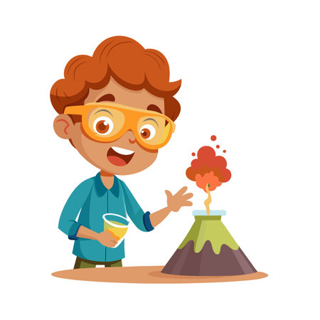 Young scientist performing a volcano experiment, demonstrating scientific curiosity and hands-on learning experience in a colorful illustrationのイラスト素材