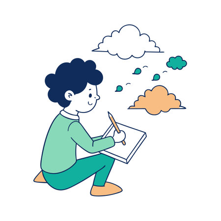 Illustration of a creative person drawing clouds with a pencil on a white background.のイラスト素材
