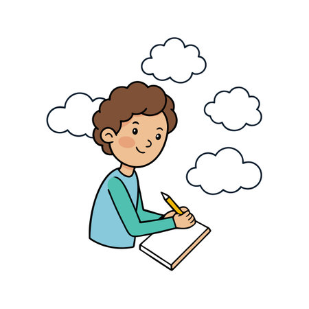 Illustration of a boy drawing with clouds in the background, on white backgroundのイラスト素材
