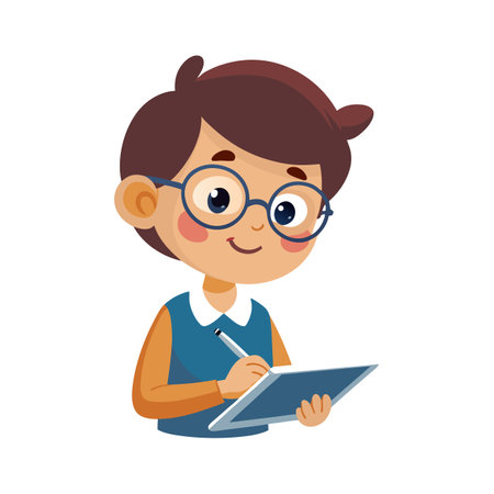 Cartoon illustration of a young boy wearing glasses and writing on a tabletのイラスト素材