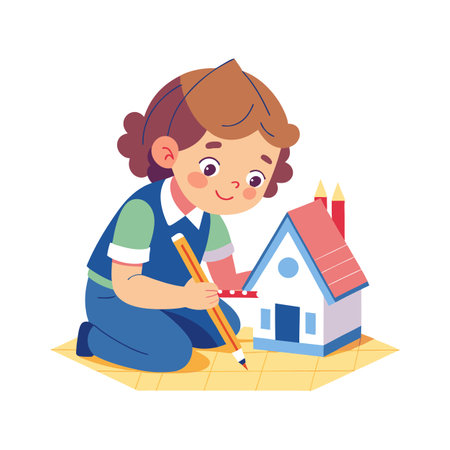 A young child thoughtfully drawing near a model house, showcasing creativity and imaginationのイラスト素材