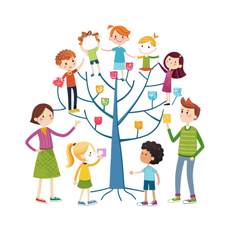 Children decorating a tree with colorful symbolic ornaments, showcasing themes of community and celebrationのイラスト素材