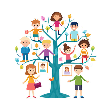 Cartoon Family Tree Illustration with Children, Portraits, and Colorful Leaves on White Backgroundのイラスト素材