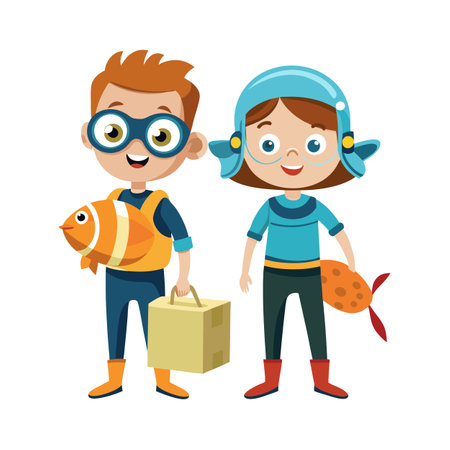 Children dressed as deep sea divers holding toy fishes and a box, isolated on whiteのイラスト素材