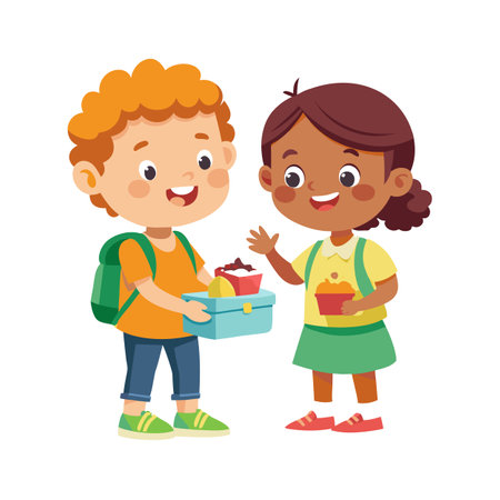 Two happy young children with lunchboxes getting ready for school, illustration styleのイラスト素材