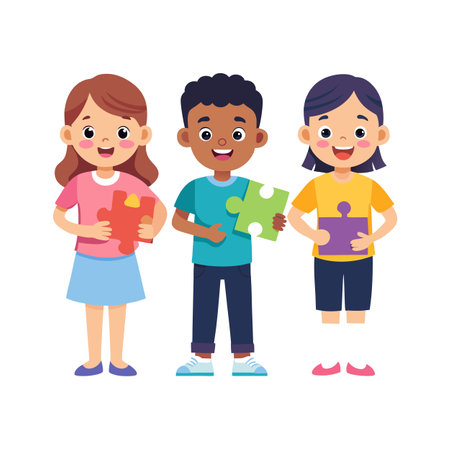 Cartoon Children Holding Puzzle Pieces Representing Teamwork, Cooperation, and Problem-Solving Skillsのイラスト素材