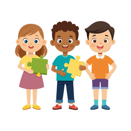 Diverse children holding jigsaw puzzle pieces depicting teamwork, unity, and collaboration on white backgroundのイラスト素材