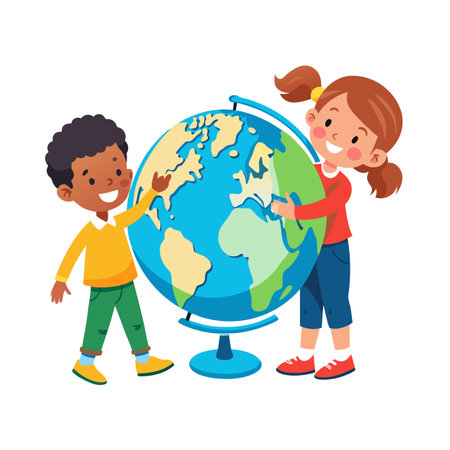Kids Exploring the World Globe Together, Education and Geography Concept, Isolated on Whiteのイラスト素材