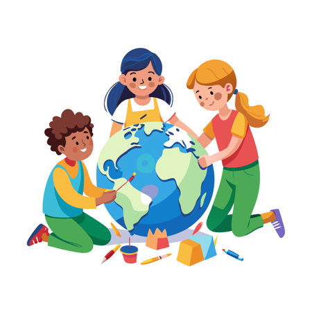 Children Painting Globe: Illustrating Environmental Awareness and Creativity in a Flat Vector Designのイラスト素材