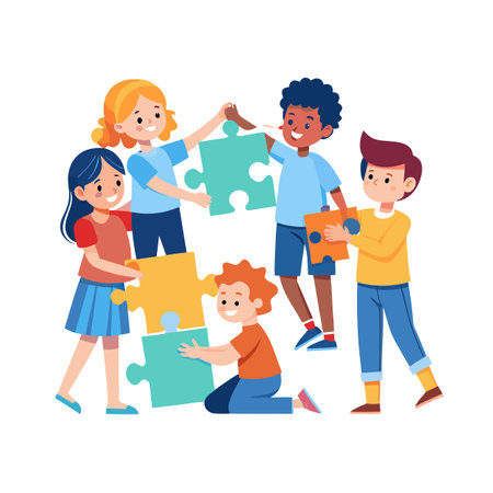 Diverse group of children connecting jigsaw puzzle pieces, teamwork and collaboration conceptのイラスト素材