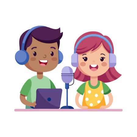 Kids Podcast Recording: Vector Illustration of Children with Microphone and Laptop in Studioのイラスト素材