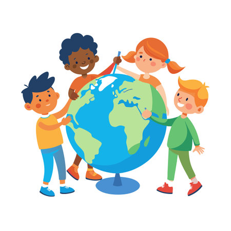 Children around the world holding the globe together with unity and harmonyのイラスト素材