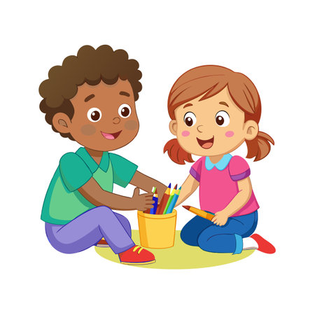 Two children drawing with colorful pencils, promoting creativity and collaboration in a playful illustrationのイラスト素材