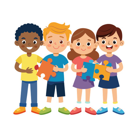 Kids Holding Puzzle Pieces: Teamwork and Collaboration Illustrated in a Colorful Cartoon Styleのイラスト素材