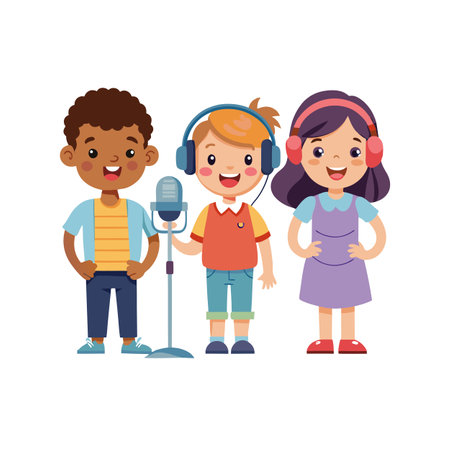 Diverse Children Recording a Podcast with Microphone and Headphones in a Flat Cartoon Styleのイラスト素材