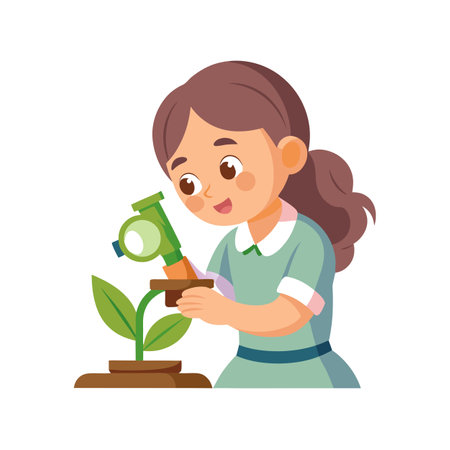 Young Girl Examining a Plant with a Microscope - Educational Illustrationのイラスト素材