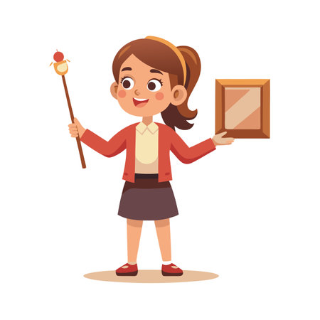Cartoon girl holding a picture frame and a candy stick poses on white backdropのイラスト素材