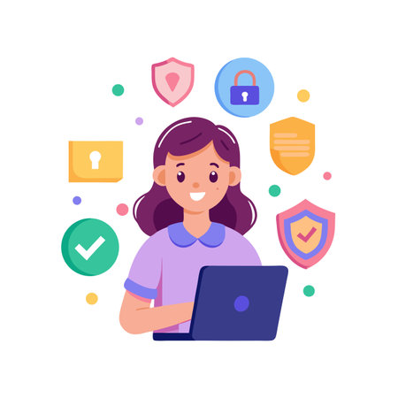 Young woman using laptop surrounded by security icons illustrating data protection and privacy measuresのイラスト素材