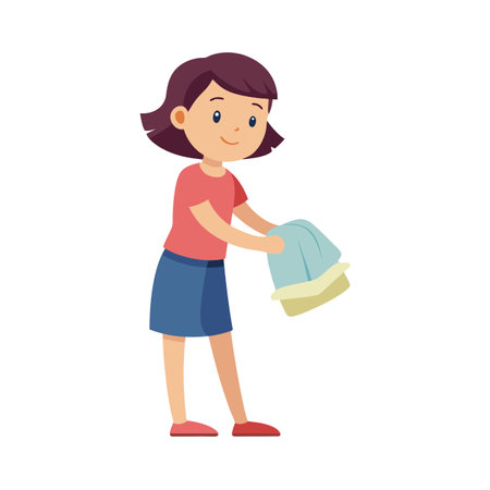 Young woman holds folded towel in flat cartoon style illustration on white backgroundのイラスト素材