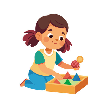 Girl playing with colorful geometric shapes in a wooden box, flat vector illustrationのイラスト素材