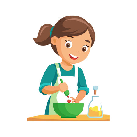 Girl in Apron Mixing Ingredients in Bowl with Utensil on Tableのイラスト素材