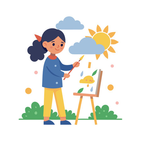 Girl Painting a Sunny and Rainy Day on Canvas with Brush in Gardenのイラスト素材