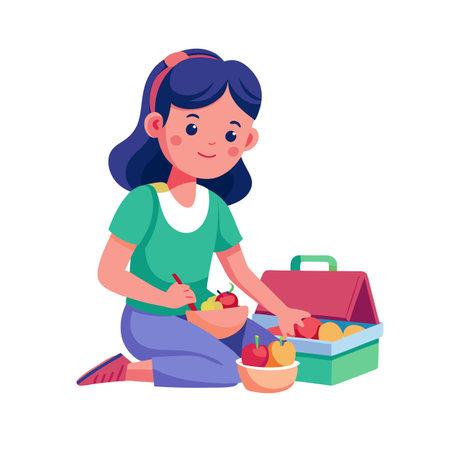 Girl preparing a healthy lunch with fresh fruits, flat vector illustration, lifestyleのイラスト素材