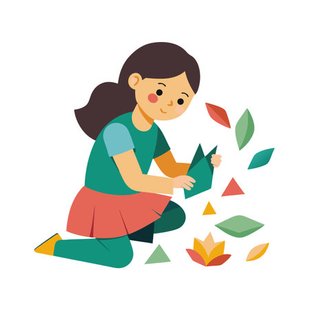 Young Girl Playing with Geometric Shapes in a Flat Design Style Illustrationのイラスト素材