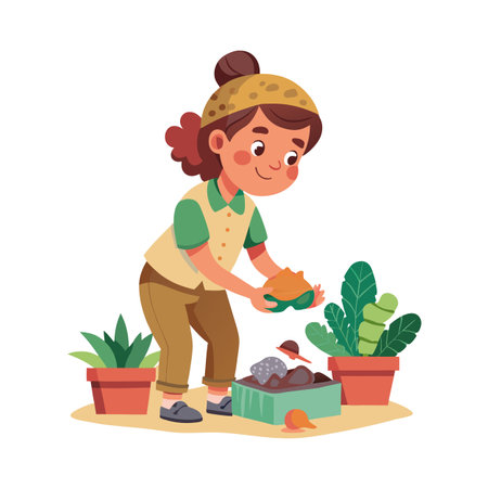 Child Gardening: Girl potting plants and tending to her garden with love and careのイラスト素材