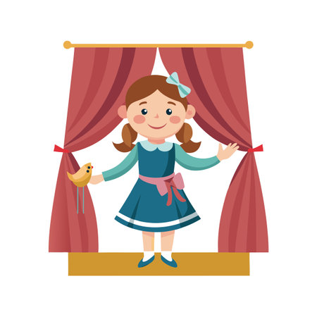 Illustration of a girl puppet master on stage with red curtains, and bird puppetのイラスト素材