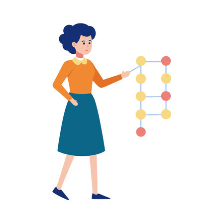 Businesswoman Presenting Data Visualization Graph on White Background in a Minimalist Vector Styleのイラスト素材