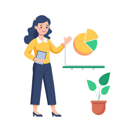 Business woman presenting data with pie chart, holding file, flat designのイラスト素材
