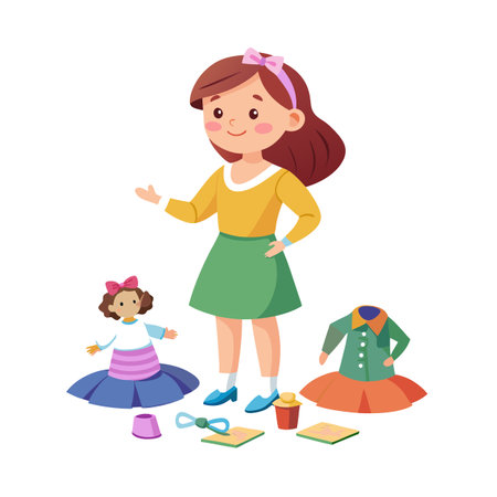 Young Girl Playing Dress Up with Doll and Clothing Accessories in Cartoon Styleのイラスト素材
