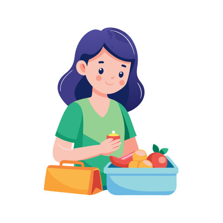 Illustration of a girl packing healthy lunch with fruit and drink in a boxのイラスト素材
