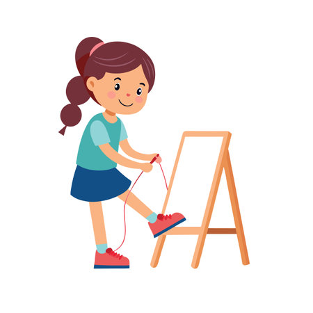 Cartoon Girl with Jump Rope by Easel on White Background, Colorful and Educationalのイラスト素材