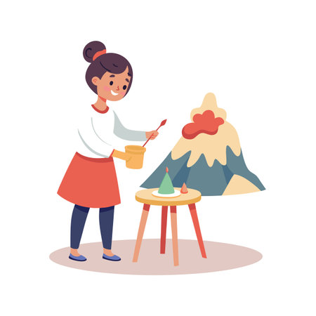 Little Girl Painting a Volcano Model - Educational Activity and Creative Hobby Conceptのイラスト素材