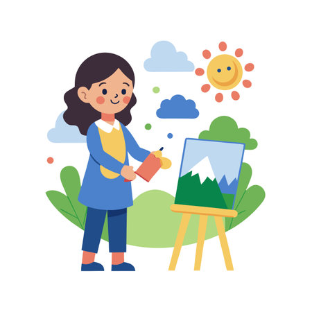 Happy young artist paints a landscape on a bright, sunny day illustrationのイラスト素材