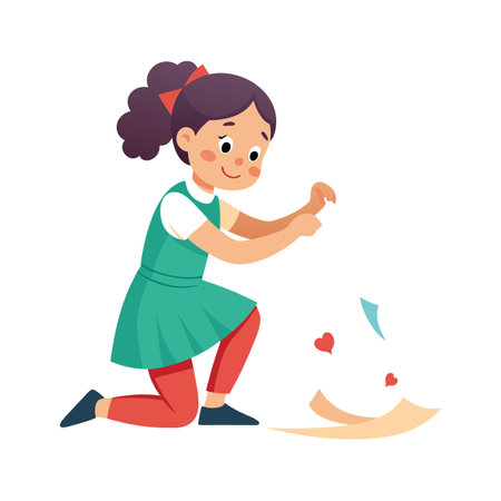 A young girl tears up love letter into small pieces, cartoon vector illustration.のイラスト素材