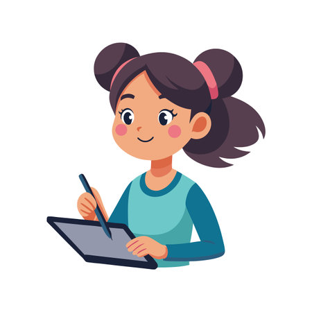 Young female artist drawing on tablet with stylus pen in creative studio environmentのイラスト素材