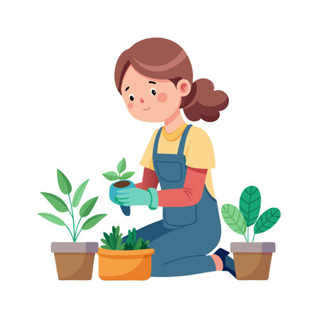 Cartoon Woman Gardening Planting Seedlings in Pots, Home Gardening Concept Illustrationのイラスト素材