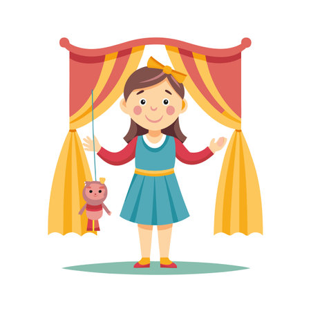 Cute girl performing a puppet show with a string puppet under a theater curtainのイラスト素材