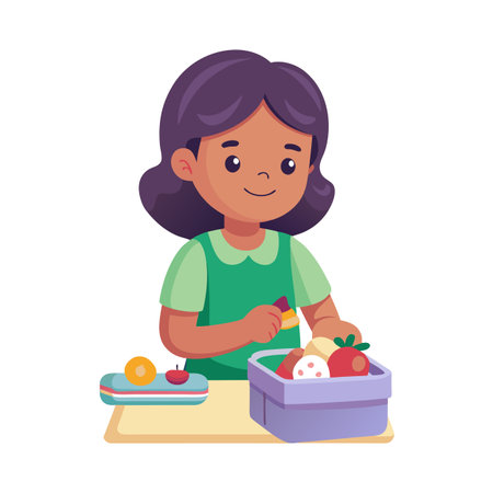 Young girl preparing healthy school lunch with fruits and vegetables in a flat style illustration.のイラスト素材