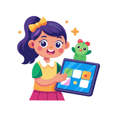 Young girl holding a tablet with a friendly green cactus cartoon character next to herのイラスト素材
