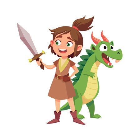 Girl Knight with Dragon Friend: A Cheerful Cartoon Adventure for Children's Contentのイラスト素材