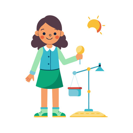 Girl Examining Balance Scale with Lollipop in a Flat Illustration Styleのイラスト素材