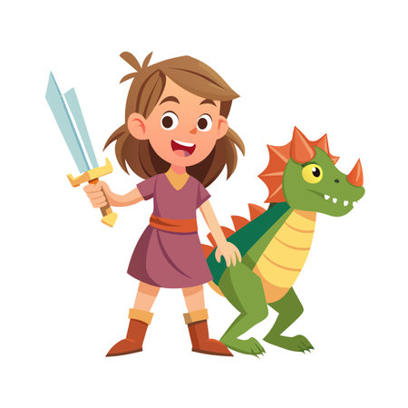Girl Knight with Sword and Dragon Pet Cartoon Illustration on White Backgroundのイラスト素材