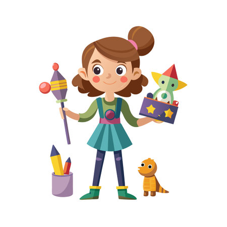 Playful girl surrounded by toys, vector illustration showing imagination and childhood games concept.のイラスト素材